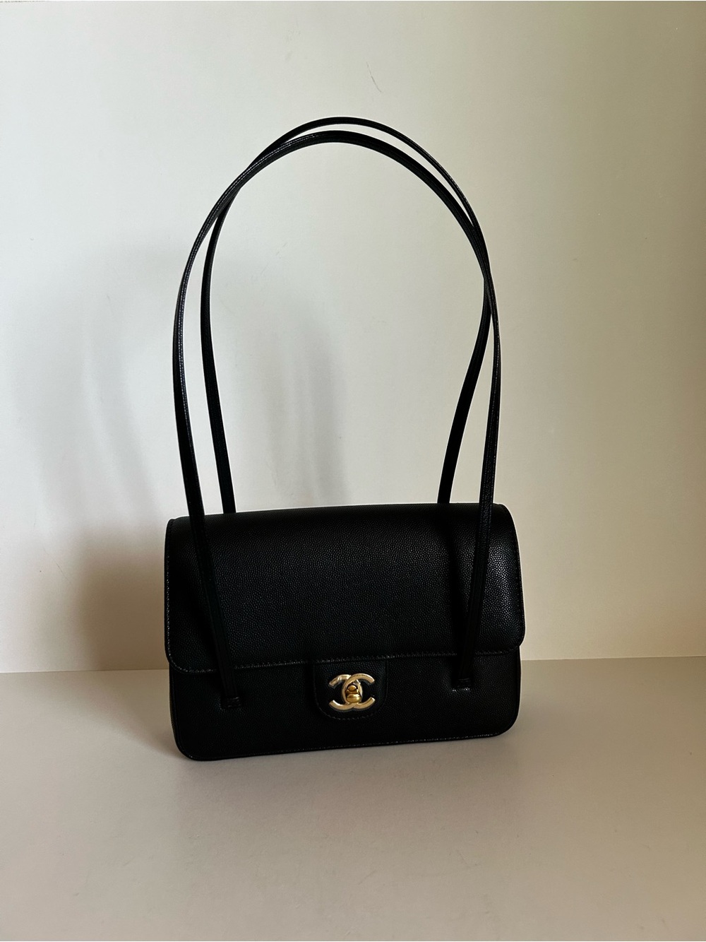 CHANEL Black Leather Double-Strap Shoulder Bag with Gold CC Turnlock